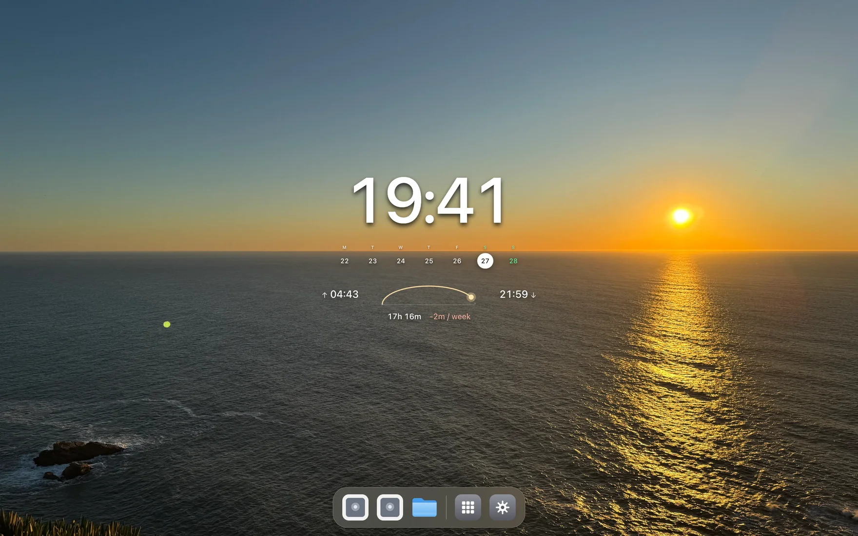 The Gintara new tab: a centered clock, a week strip, and a sunrise/sunset arc over a full-screen landscape, with a dock at the bottom.